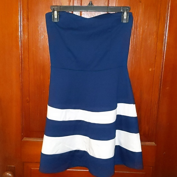 Strapless navy blue dress with white stripes - Picture 1 of 2